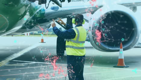 animación de código qr con conexiones web rojas flotantes sobre el trabajador del aeropuerto