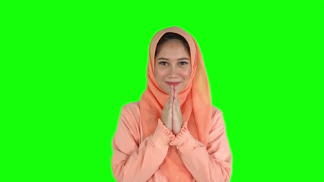 cute muslim woman showing greeting hands