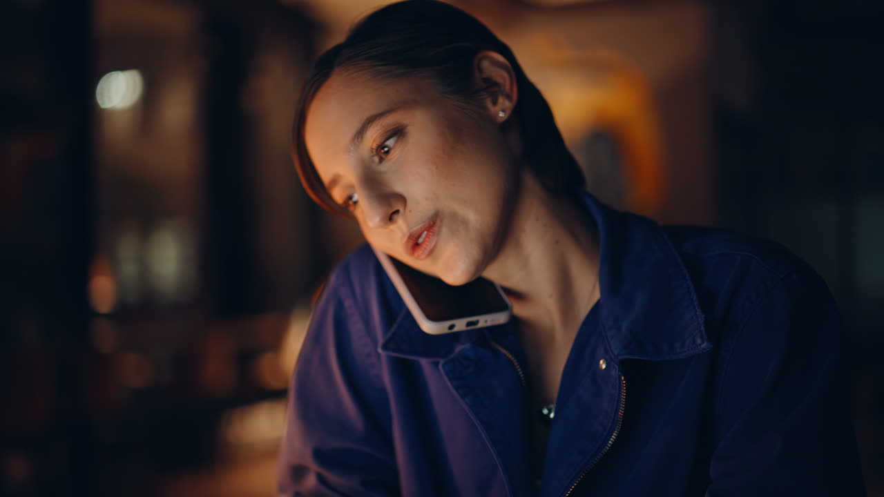 Online manager hands typing laptop at night office closeup. Happy woman calling