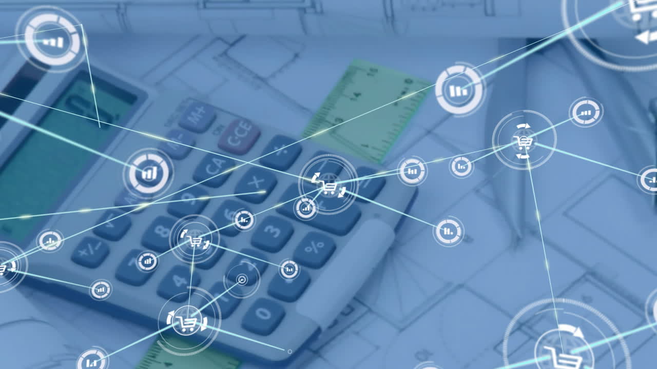 animación de la red de conexiones con iconos sobre dibujos de arquitecto de calculadora