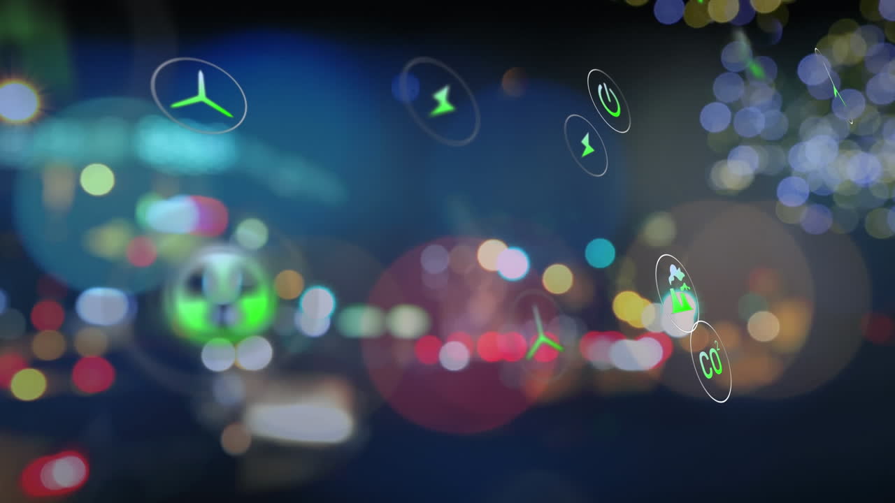 렌즈 플레어와 지속 가능한 아이콘의 애니메이션이 도시의 거리에서 차량 위에서 원을 그리고 있습니다.