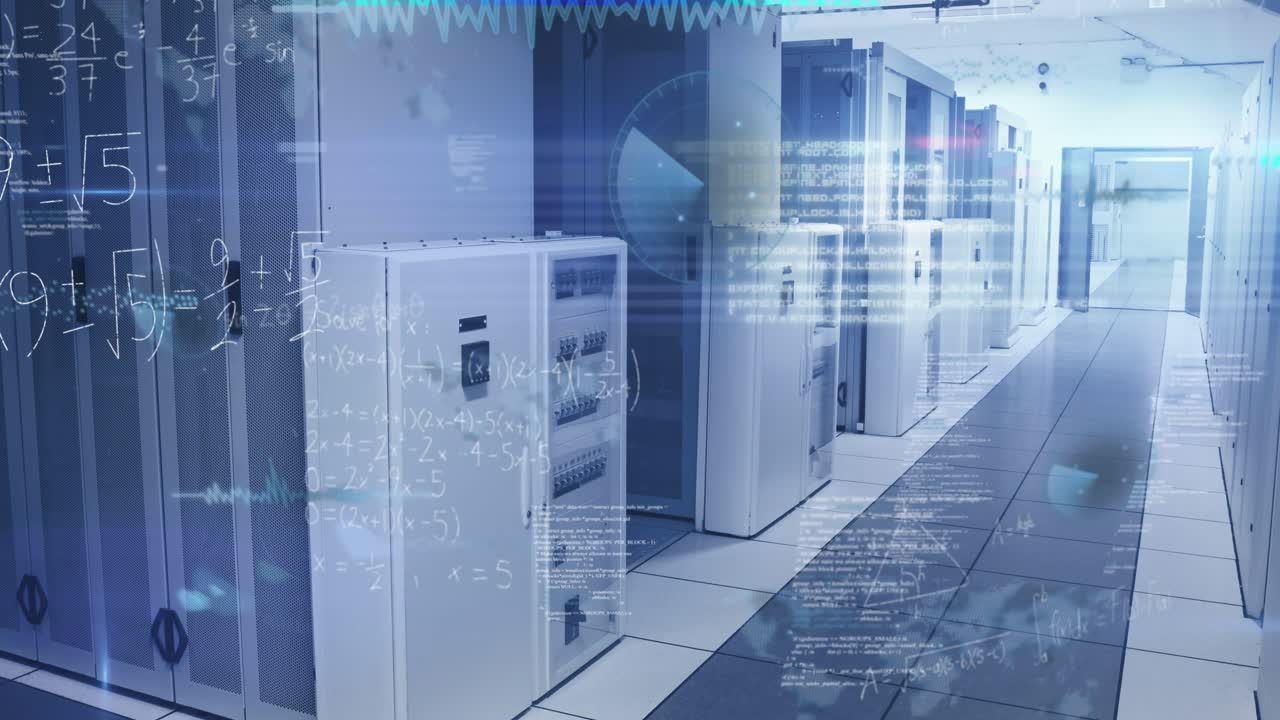 Animation of data processing and mathematical equations against computer server room