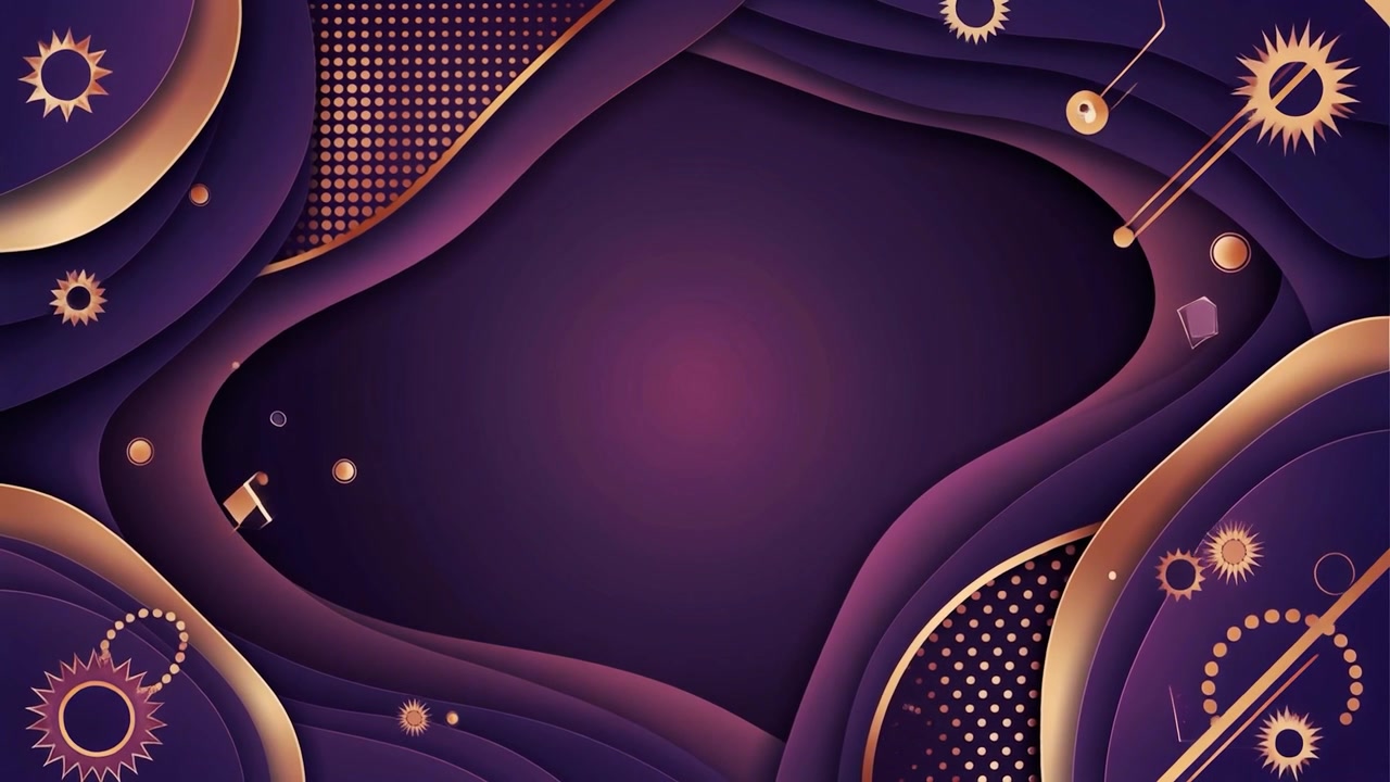 Animated Abstract Background with Wavy Purple Layers and Golden Geometric Elements