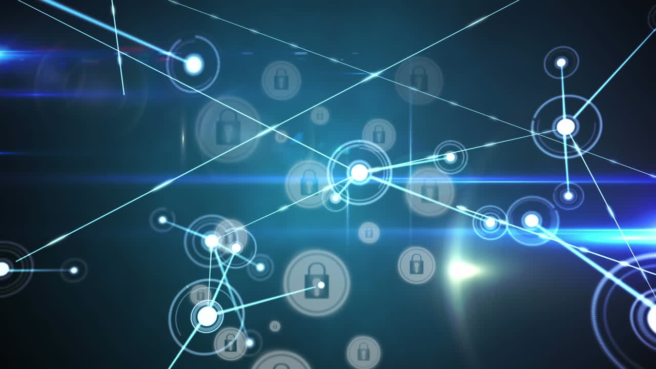 파란색 배경에 여러 보안  ⁇ 락 아이콘을 통해 연결 네트워크의 디지털 애니메이션
