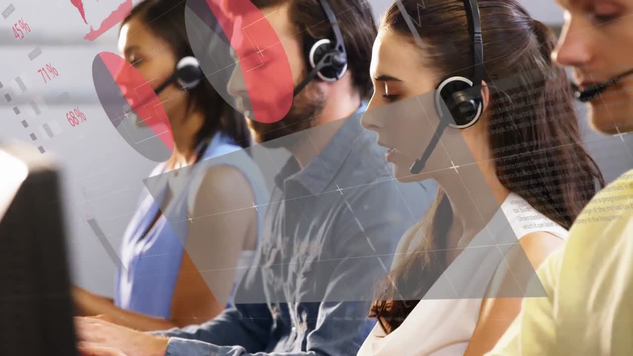 휴대폰 헤드 ⁇ 을 착용한 사업가들에 대한 통계 및 데이터 처리 애니메이션