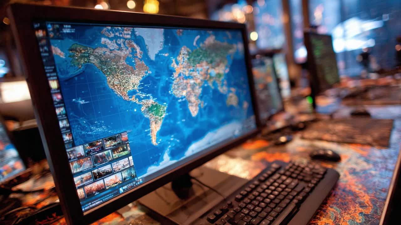 A detailed view of a digital world map displayed on a computer monitor, showcasing intricate geographic features and vibrant colors in a high-tech workspace environment