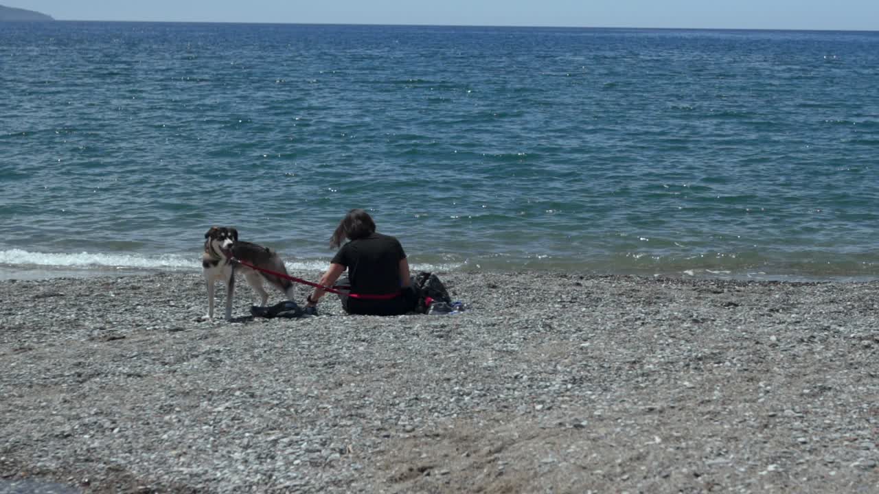Caucasian brunette greek woman, hanging out on a pebble beach along with her pet dog, half breed Husky on a sunny spring day at Kalamata. Slow motion 100fps, quarter speed