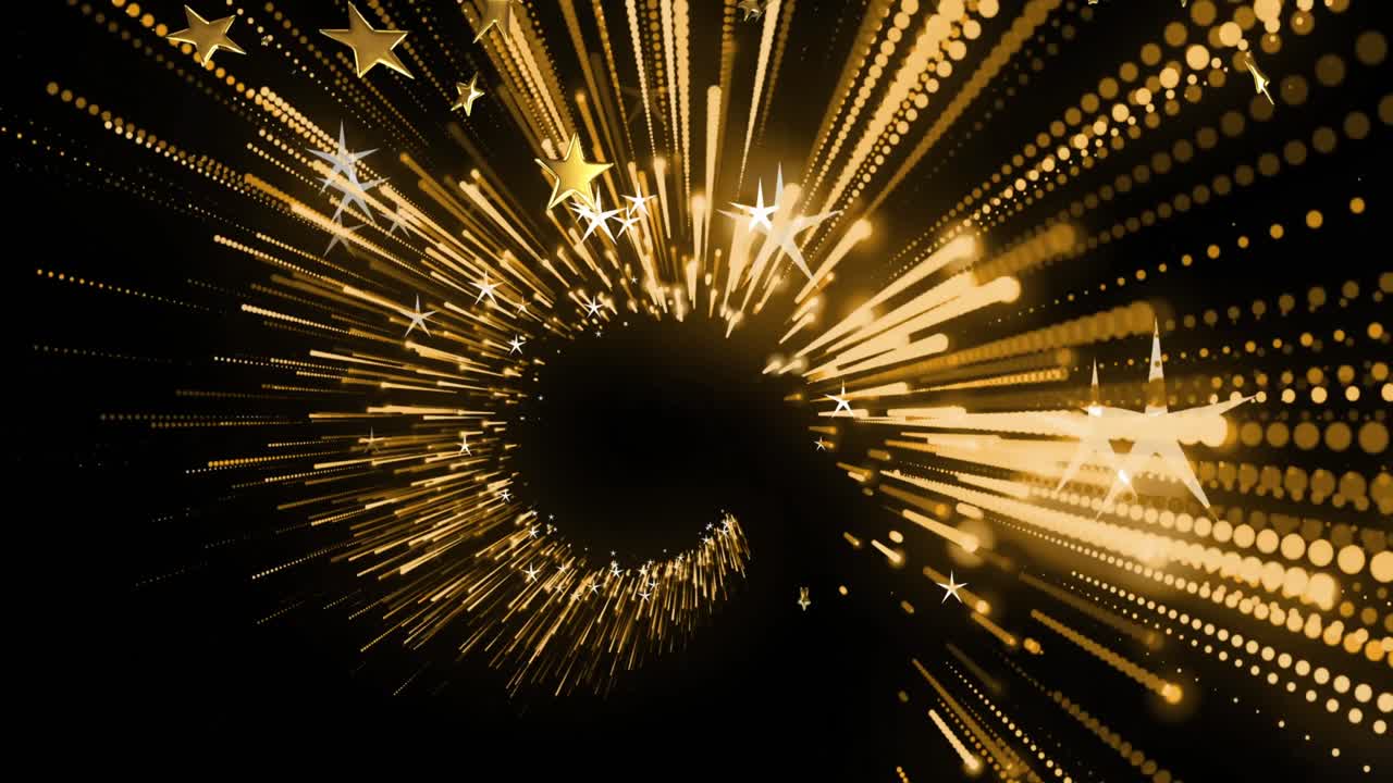 검은 바탕에 빛의 흔적 위에 떠다니는 별들의 애니메이션