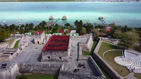 drone reveal bacalar stunning resort beach on tropical lagoon aerial view of quintana roo mexico travel holiday destination