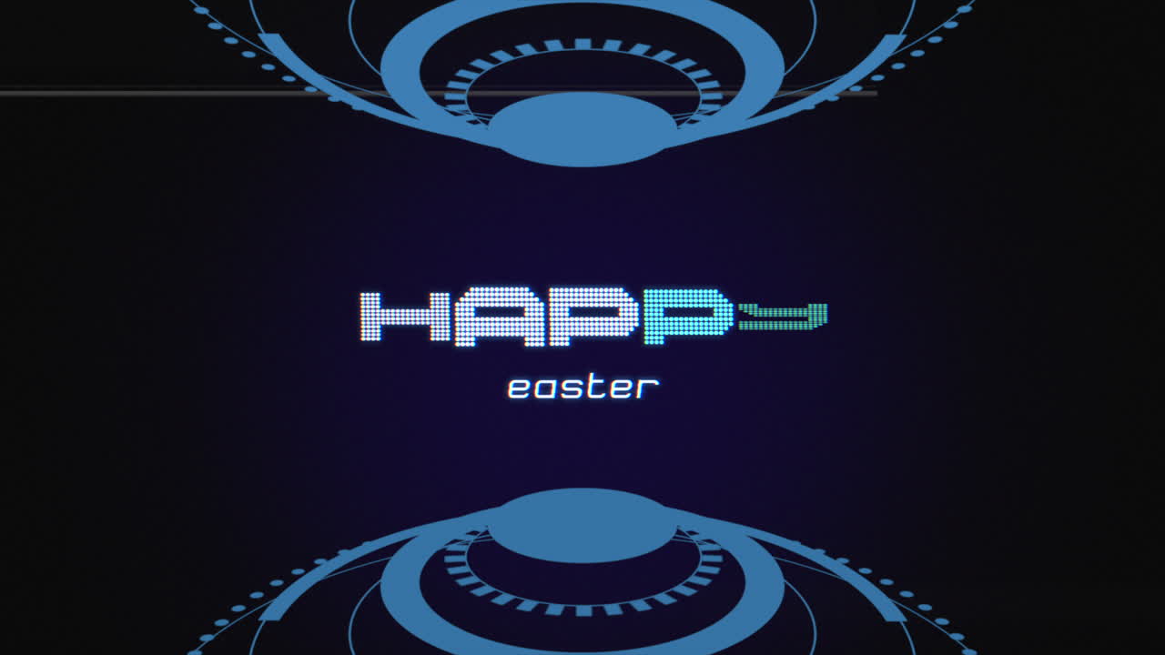 Blue and black background with circular pattern, Happy Easter written in white letters