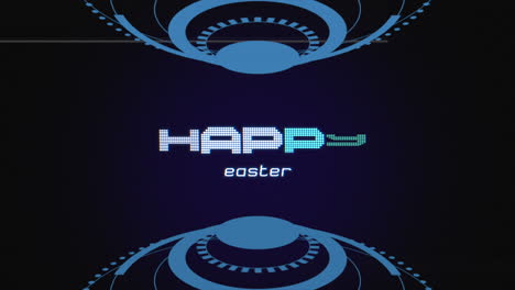 blue and black background with circular pattern, happy easter written in white letters