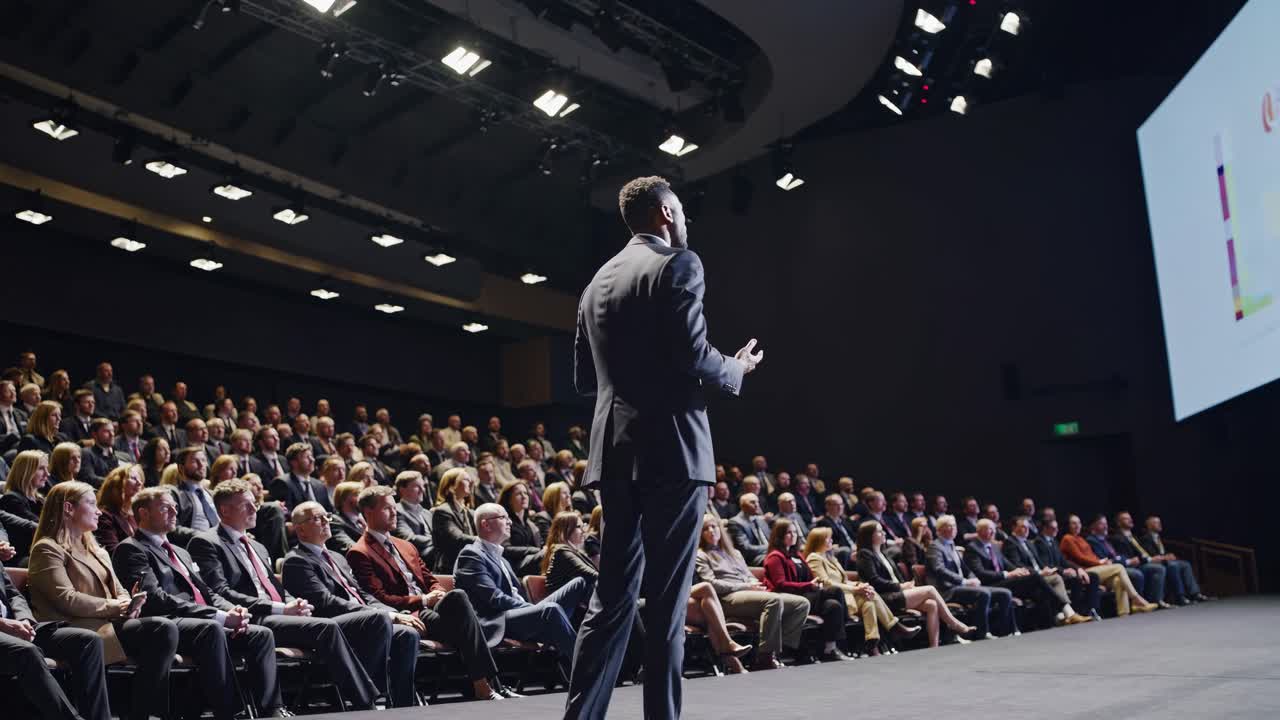 A speaker presents to a large audience in a conference hall. The low-angle shot captures the dynamic