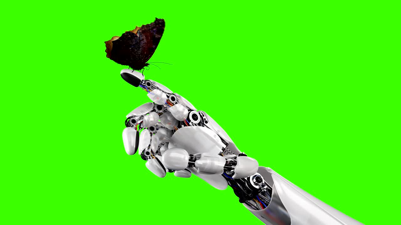 mano de robot y mariposa en un fondo verde
