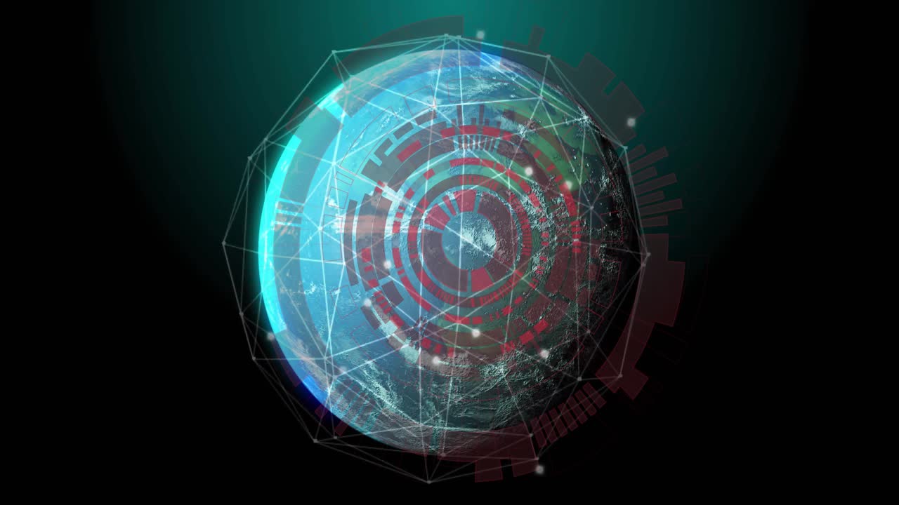 Rotation starting globe rotating mesh forming red HUD rings expanding code scrolling showing data