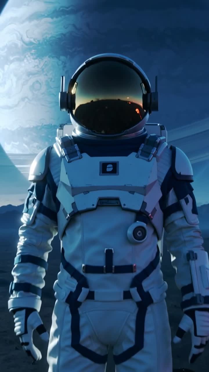 Video verticale: La telecamera zooma su un astronauta in tuta spaziale in piedi su una pianura aliena, rivelando un'unità pettorale.
