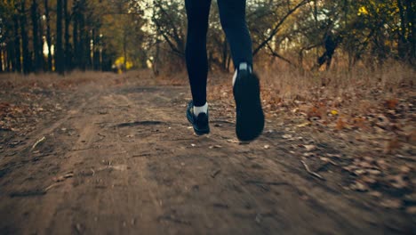 Close-up-a-male-athlete-in-a-black-sports-uniform-and-black-sneakers-runs-along-an-earthen-path-among-fallen-leaves-and-dry-grass-in-an-autumn-forest-on-a-sunny-morning