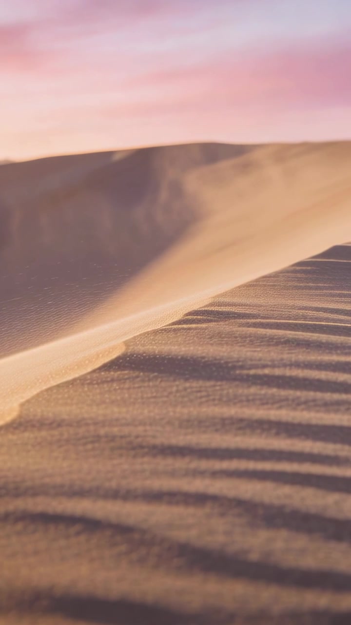 Video verticale: Vento che si alza, duna di sabbia che solleva una coltre di sabbia soffiata nel deserto con cielo rosa.