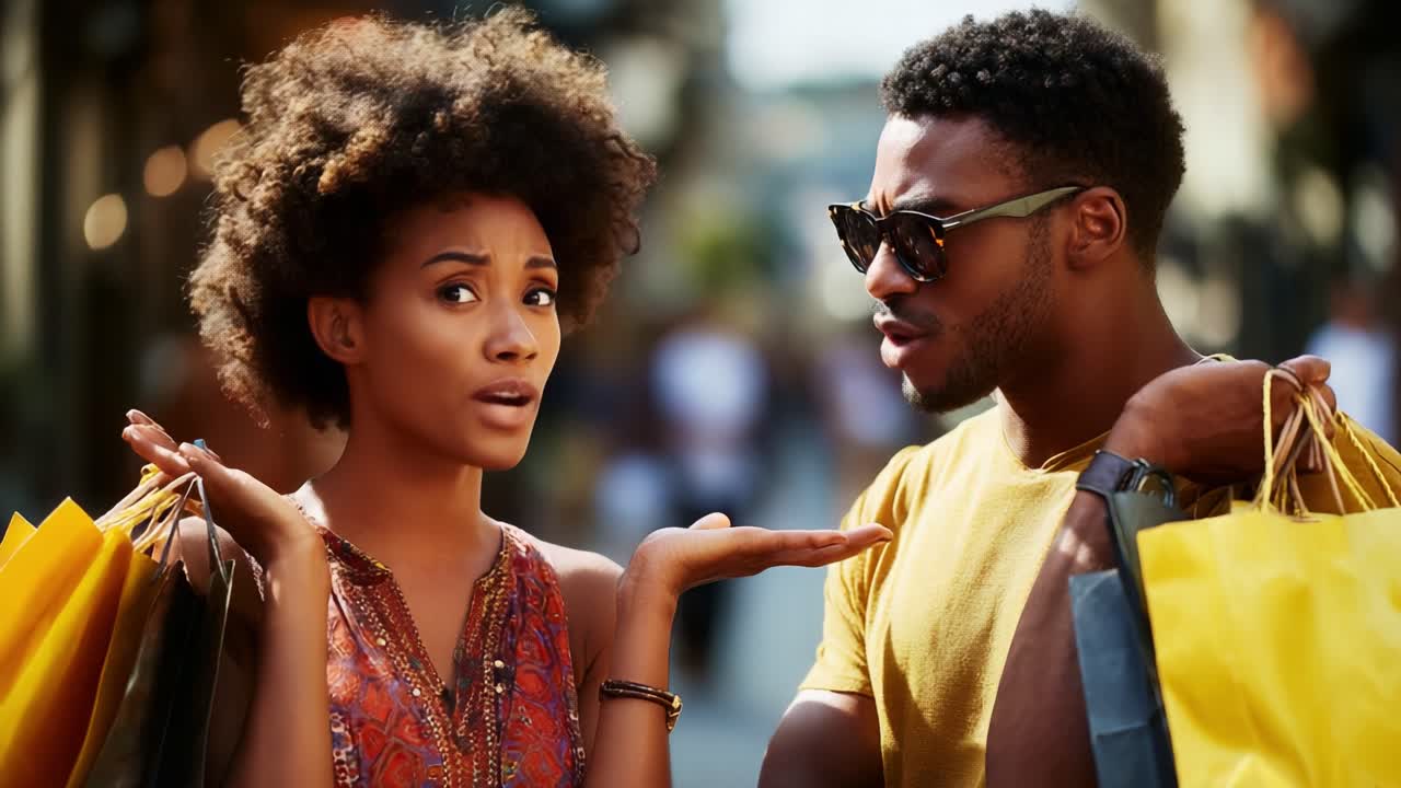 Conversazione coinvolgente tra due clienti circondati da borse della spesa colorate, che esprimono le loro opinioni e si godono l'atmosfera vivace di un'affollata via dello shopping