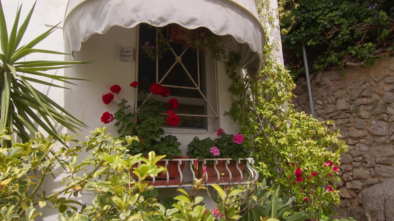 Fleurs éclatantes entourant une fenêtre de maison à Anacapri par une lumineuse journée d'été