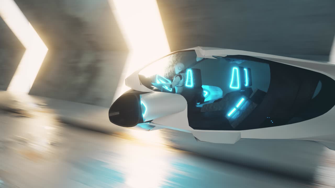 volando un robot detrás del volante de un coche futurista en un largo túnel. inteligencia artificial y concepto futuro. renderizado de bucle 3d sin costuras.