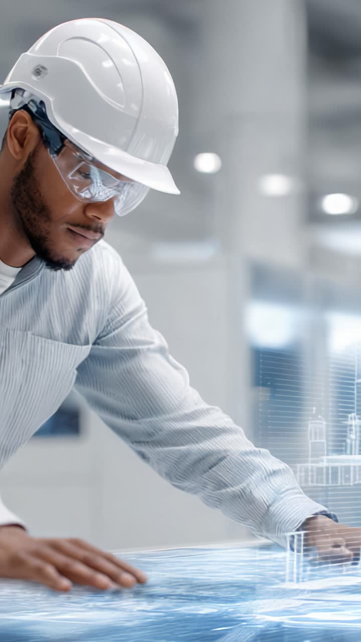 Innovative Engineering: A Professional with a Hard Hat and Safety Glasses Working on a Futuristic Digital Blueprint in a Modern Construction Environment