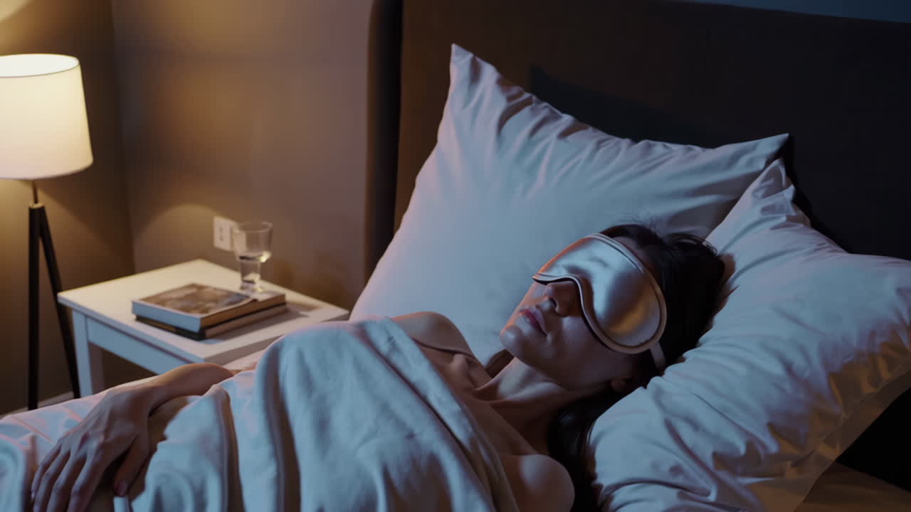 Woman Sleeping Peacefully in Bed with a Sleep Mask