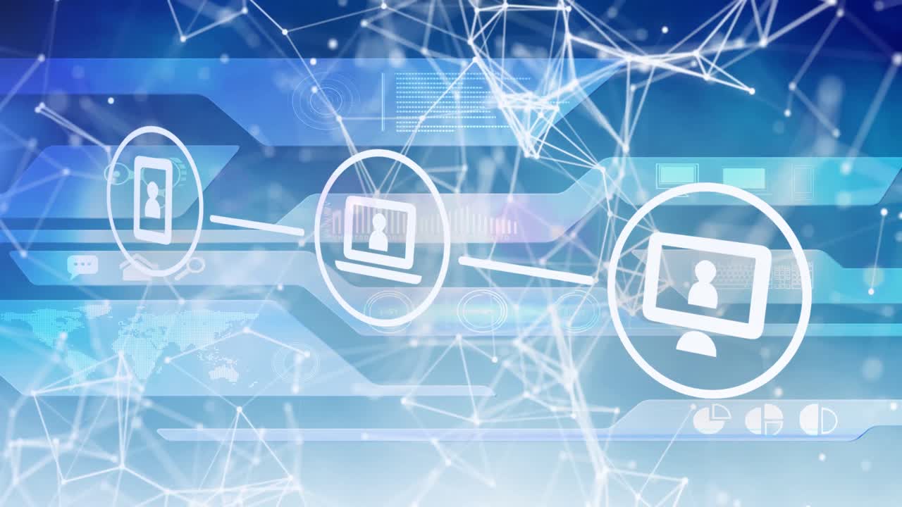 파란색 배경의 디지털 인터페이스를 통해 연결 네트워크에 대한 디지털 아이콘