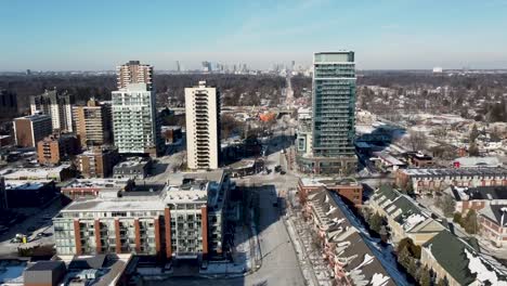 Aerial-shot-flying-around-downtown-Mississauga-on-a-cold-and-snowy-winter-day