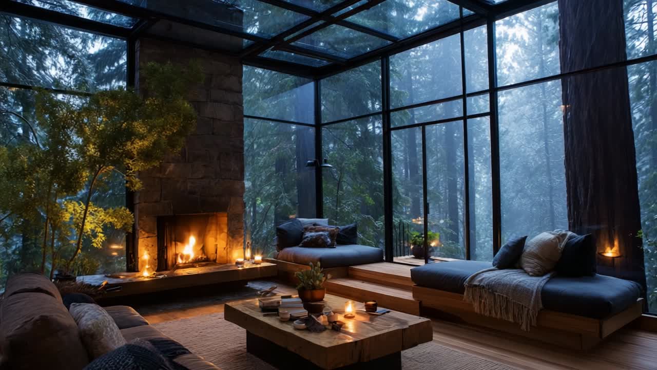 A Cozy, Modern Living Room Surrounded by Nature: Embracing Serenity with a Fireplace, Ambient Lighting, and Glass Walls Overlooking a Foggy Forest, Perfect for Relaxation and Tranquility During Rainy Days