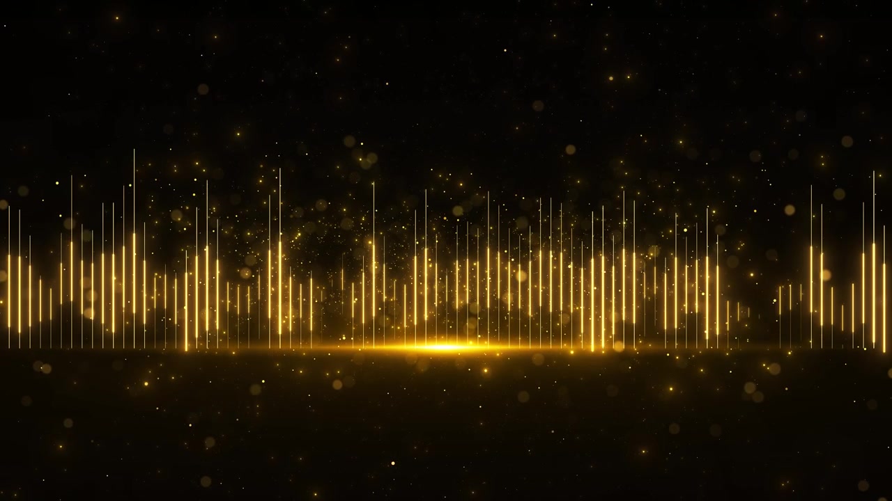 Golden audio equalizer glowing vertical bars sparkling particles dark stage space bright horizon