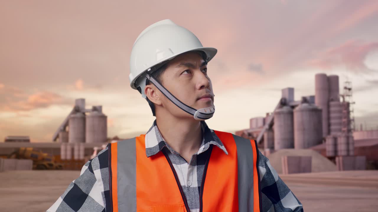 Close Up Of Asian Male Engineer Wearing Safety Helmet Looking Around While Standing With Arms Akimbo at Industrial Cement Plant with Mixer Trucks at Sunset
