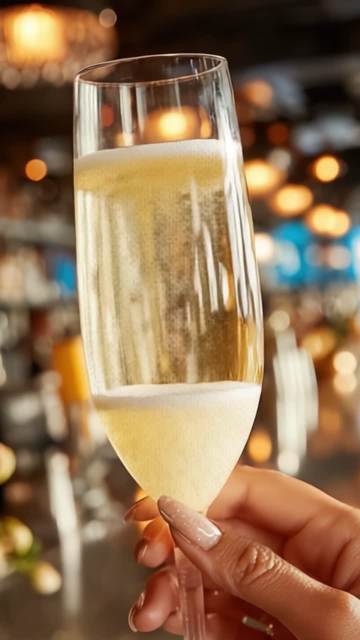 Un lussuoso bicchiere di champagne frizzante servito a una festa glamour, che mostra le bollicine effervescenti e la tonalità dorata in un elegante ambiente da bar