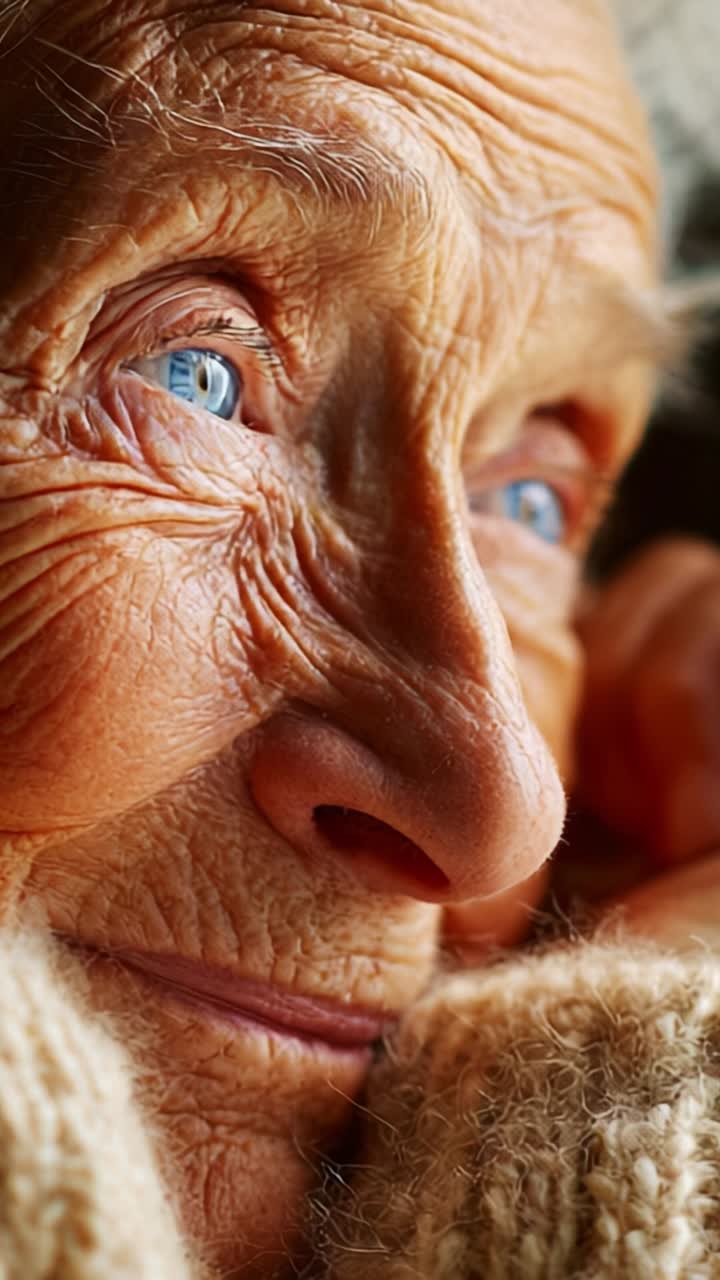 An elderly person's expressive face, highlighting wise blue eyes and intricate wrinkles, evokes a sense of warmth, nostalgia, and timeless beauty through the years