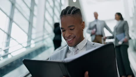 Legal,-elevator-and-a-black-man-lawyer-reading