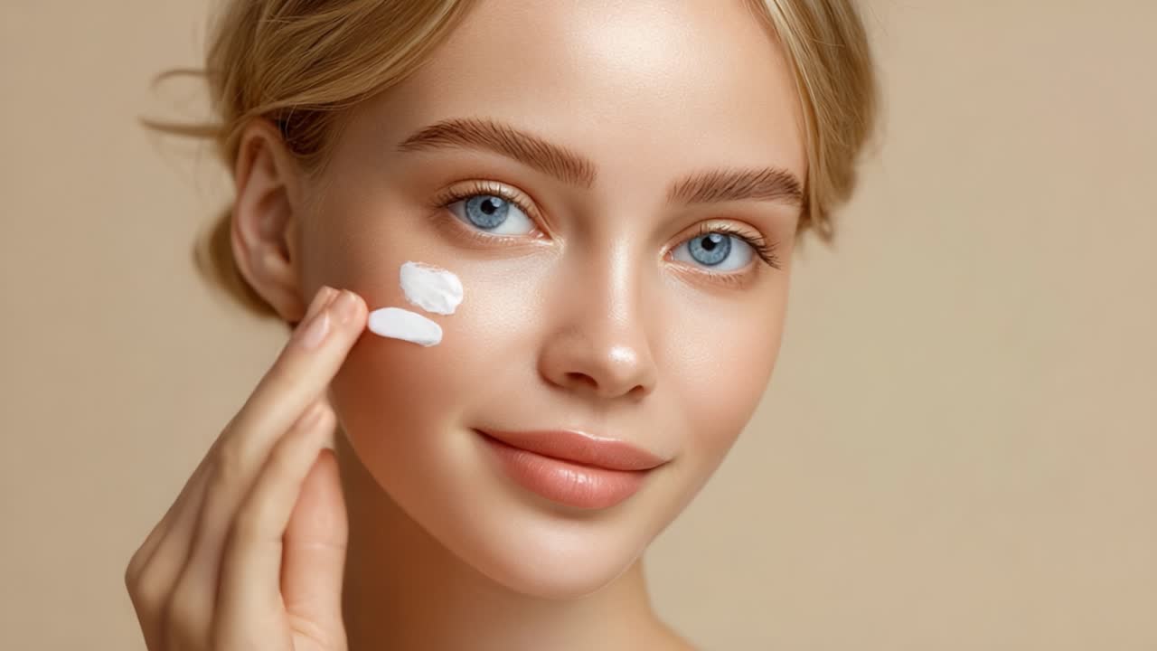 Radiant Beauty: A Close-Up of a Young Woman Applying Skincare Cream to Her Face, Emphasizing Healthy Skin and Natural Glow Under Soft Lighting