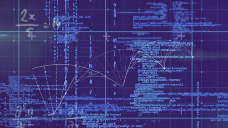 Animation of equations and particles forming helix over processing data