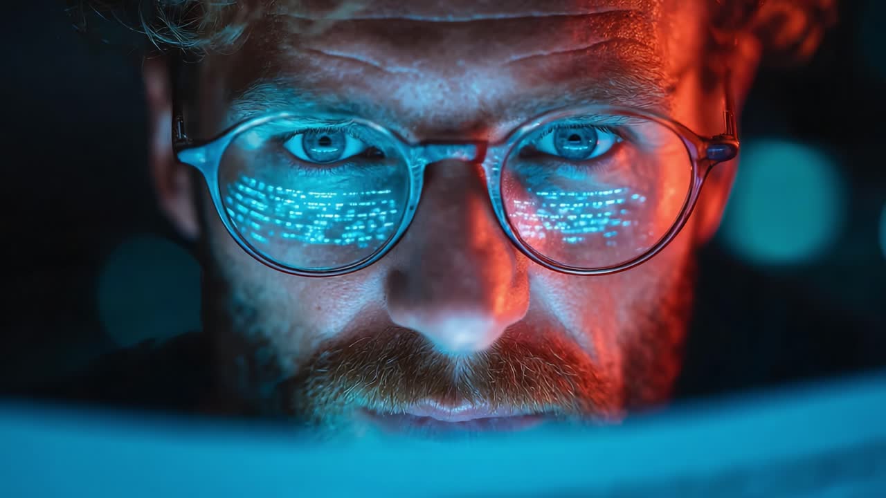 En fokusert person som analyserer data: Det intense blikket bak brillene er opplyst av digital informasjon og lys i en mørk setting