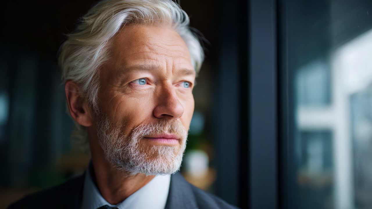 A Reflective Moment: A Distinguished Man with Silver Hair Pondering Deep Thoughts by the Window, Exuding Wisdom and Experience in a Modern Environment