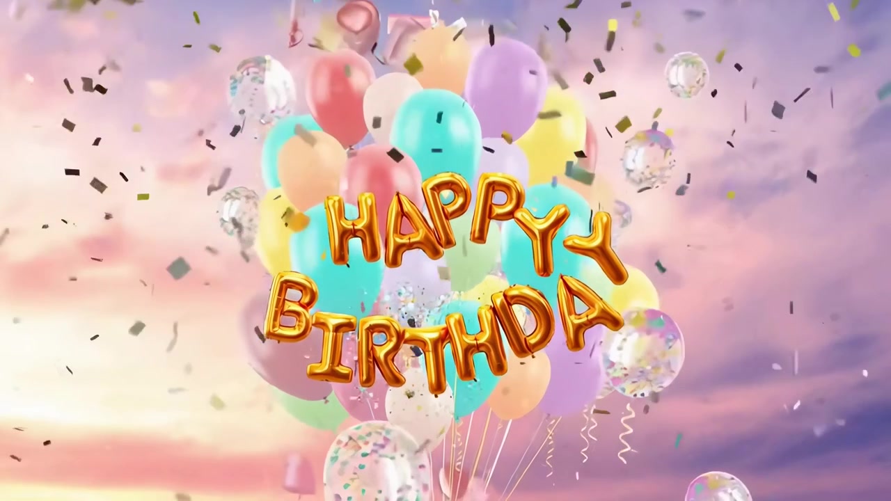풍선과 색종이 조각이 있는 애니메이션 생일 축하 인사