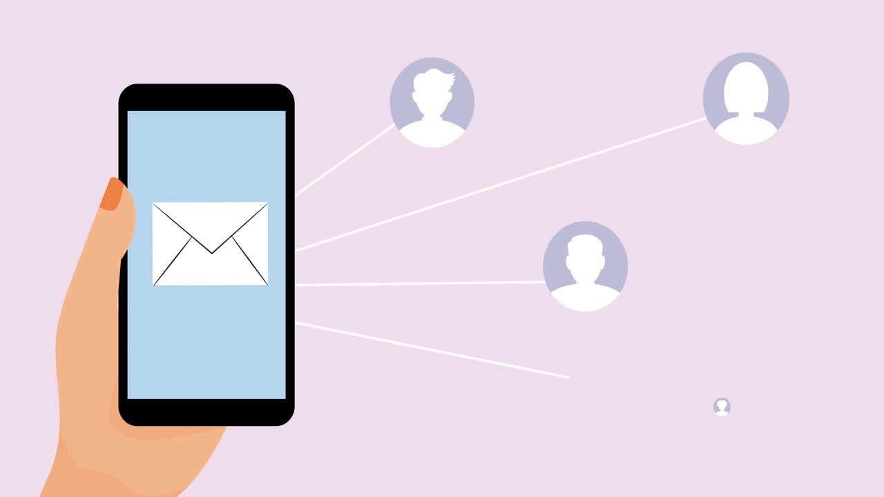 Animation of smartphone screen with envelope and network of icons
