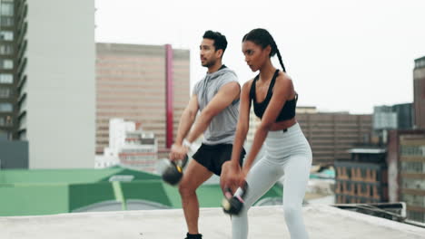 Exercise,-people-and-rooftop-with-kettle-bell
