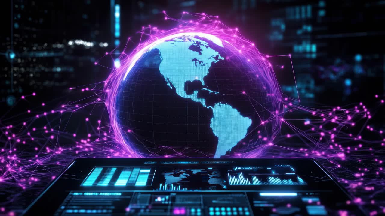 Futuristic video concept of a digital globe with neon pink connections