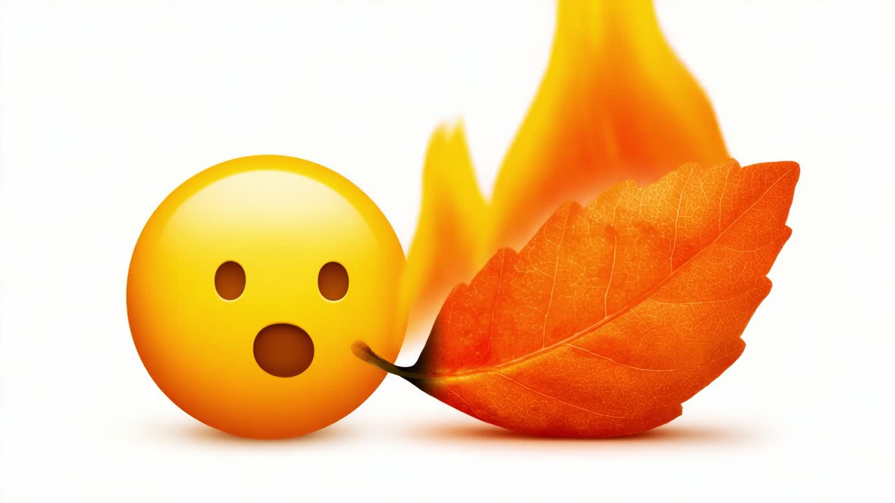 A Surprised Emoji with a Leaf Transitions from a Flaming Orange Leaf to a Darkened Leaf, Illustrating a Shift in Mood or Theme through Iconic Imagery