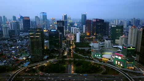 jakarta, indonesia. august 14, 2017: beautiful aerial landscape footage of semanggi road interchange at night. shot in 4k resolution