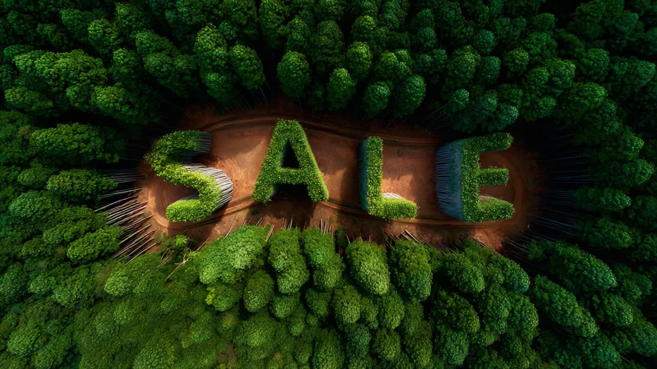 Aerial View of Lush Green Foliage Featuring the Word 'SALE' Formed by Dense Vegetation, Symbolizing Nature's Richness Merging with Economical Promotions in a Unique Context