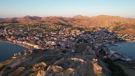 limnos island aerial dolly from castle and old town, city center reveal, greek islands aegean sea