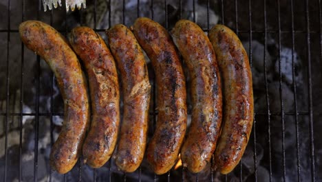 delicious juicy sausages, cooked on the grill with a fire.