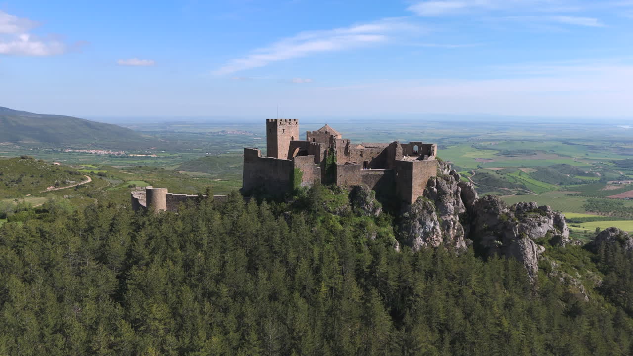 Majestic aerial orbit of a medieval fortress perched on a rocky outcrop, with panoramic views of green fields, distant mountains, and dense pine forest under a bright blue sky