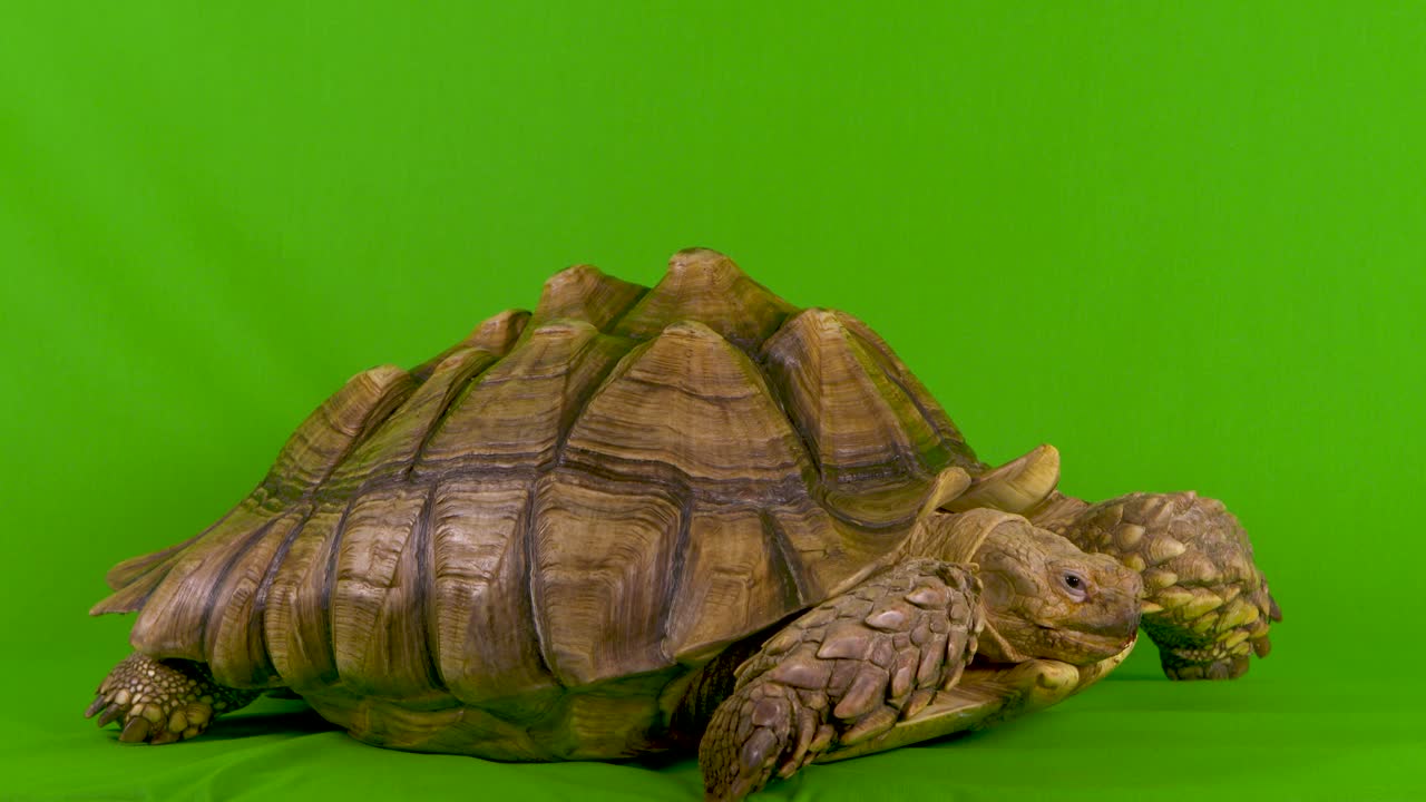 широкий снимок африканской шпорцевой черепахи сулката, открывающей рот, на зеленом экране
