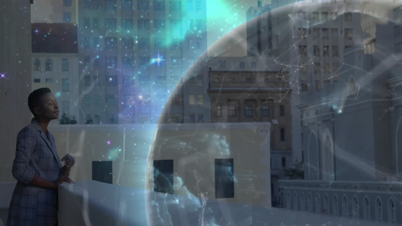 Businesswoman leaning on rooftop terrace interacting with tech holographic sphere and network lines